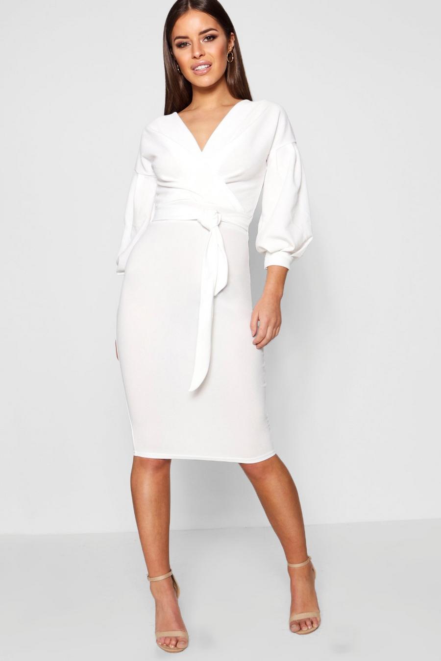 White Petite Off The Shoulder Wrap Midi Dress image number 1