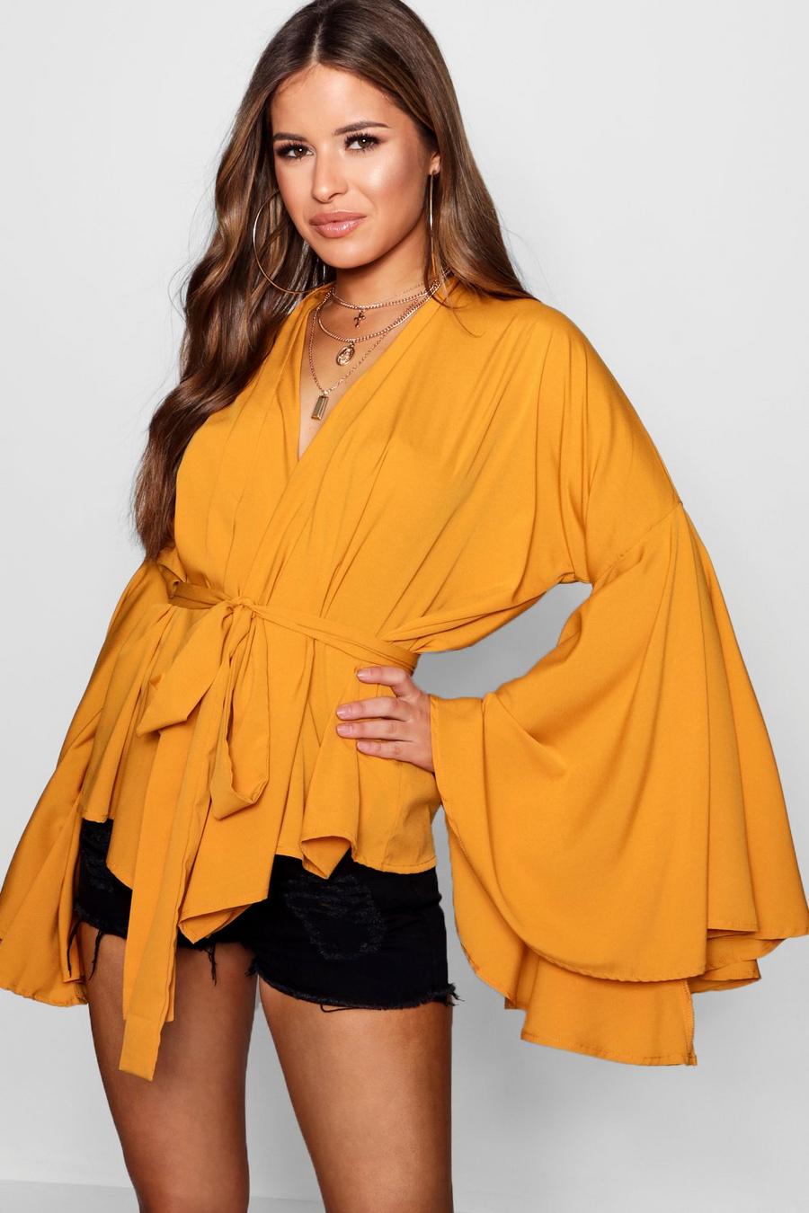 Mustard Petite Extreme Sleeve Wrap Front Top image number 1
