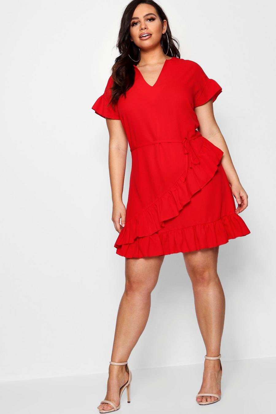 Fire red Plus Ruffle Plunge Neck Tea Dress image number 1