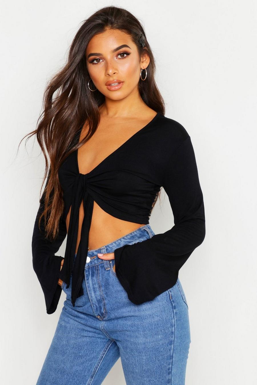 Black Petite Knot Front Flare Sleeve Top image number 1