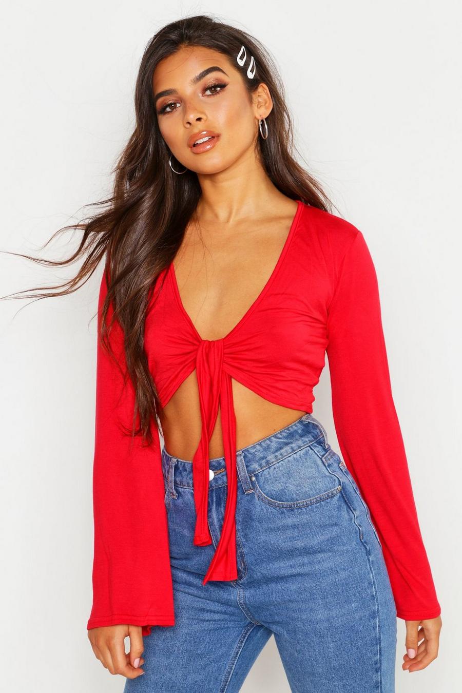 Red Petite Knot Front Flare Sleeve Top image number 1