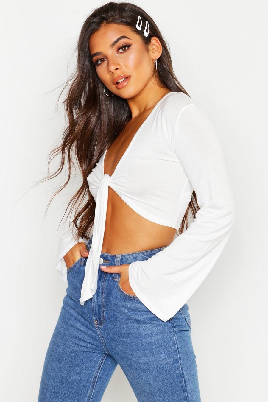 White Petite Tie Front Flare Sleeve Top image number 1