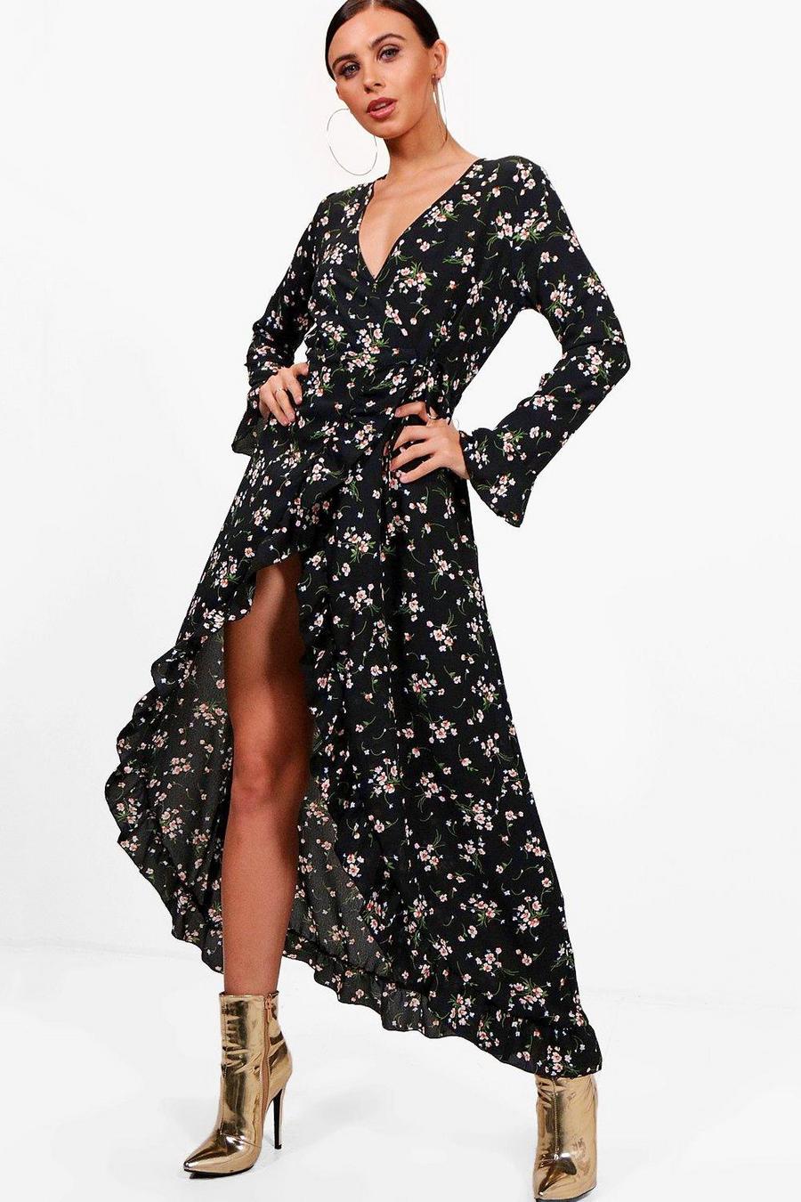 Black Petite Ditsy Floral Woven Wrap Dress image number 1