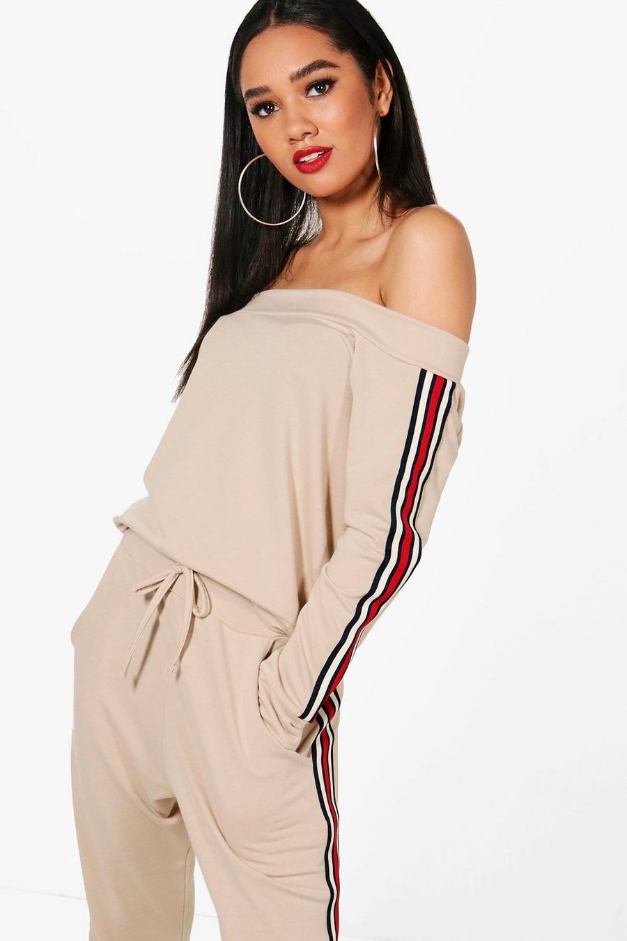 Sand Petite Off The Shoulder Sports Trim Two-Piece Sweat Top image number 1