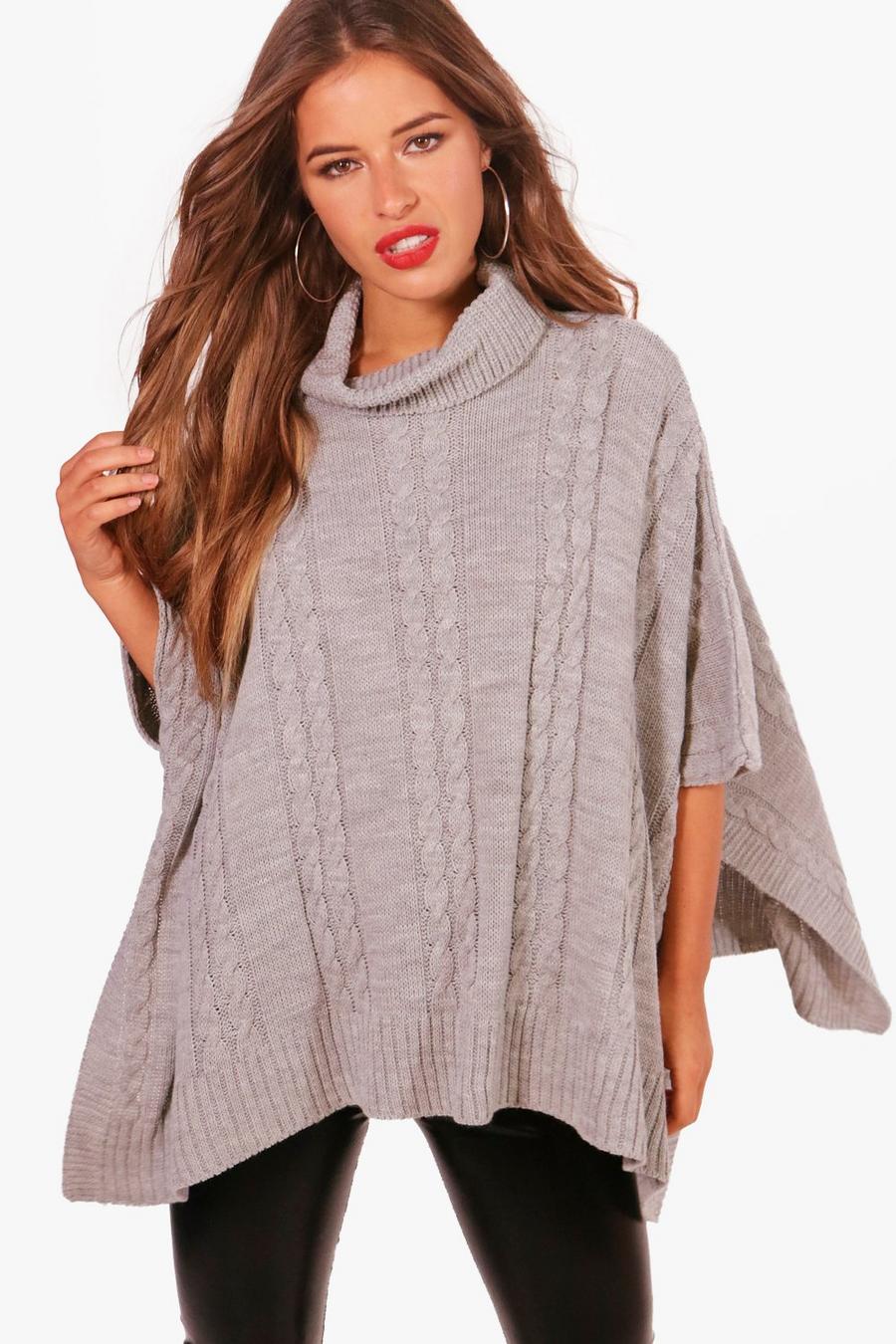 Grey Petite Lucinda Chunky Cable Knitted Poncho image number 1