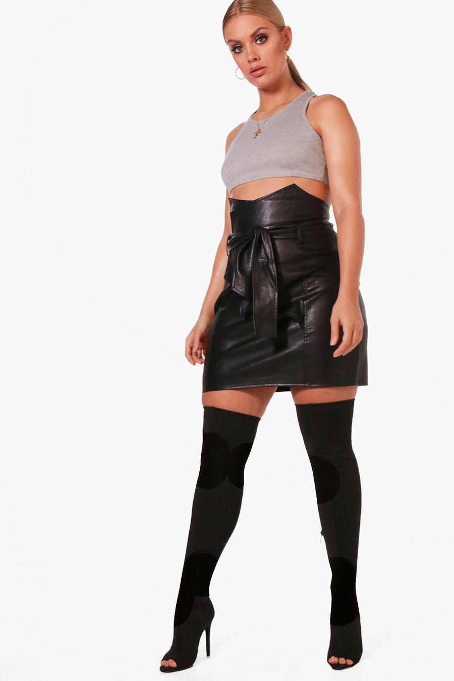 Minifalda de cintura de poliuretano papel bolsa Plus, Negro image number 1