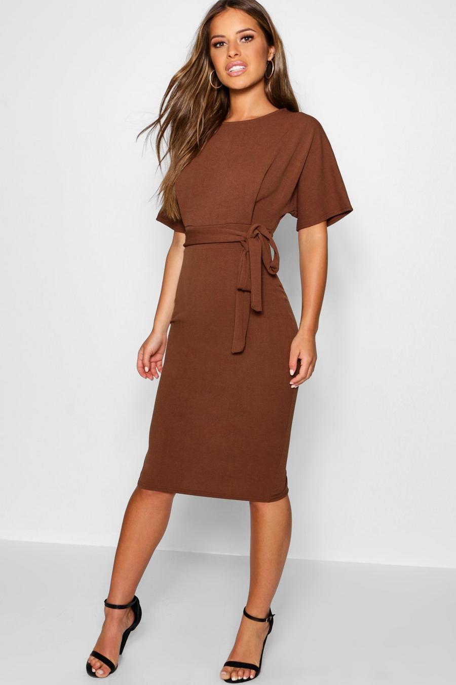 Chocolate Petite Tie Waist Formal Wiggle Midi Dress image number 1