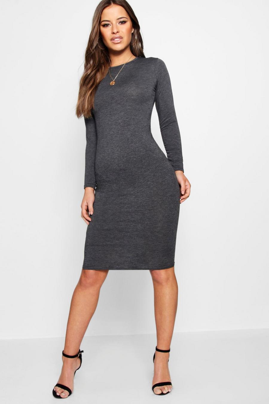 Charcoal Petite Basic Long Sleeve Midi Dress image number 1