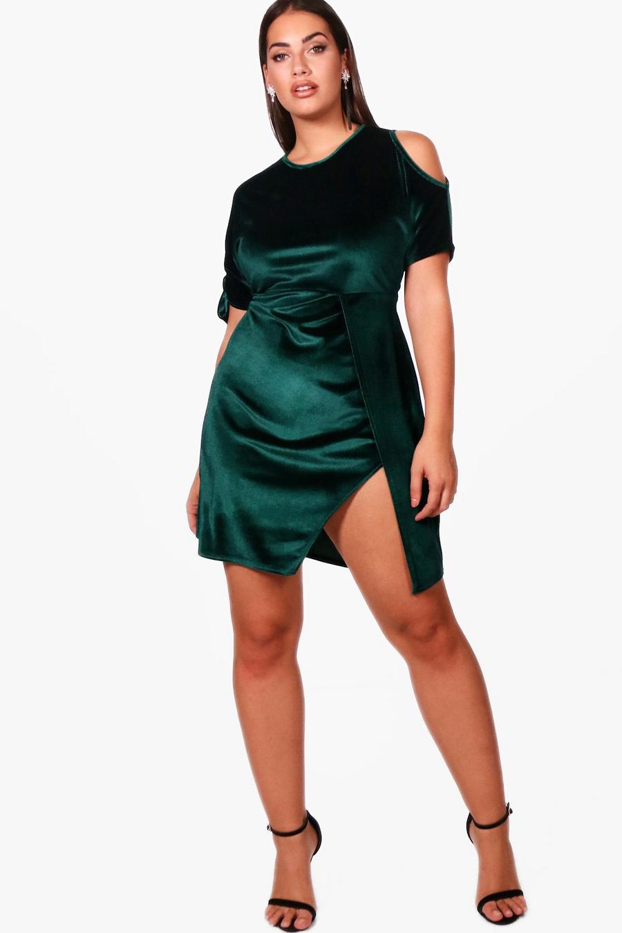 Emerald Plus - One shoulder-klänning i sammet med omlott image number 1