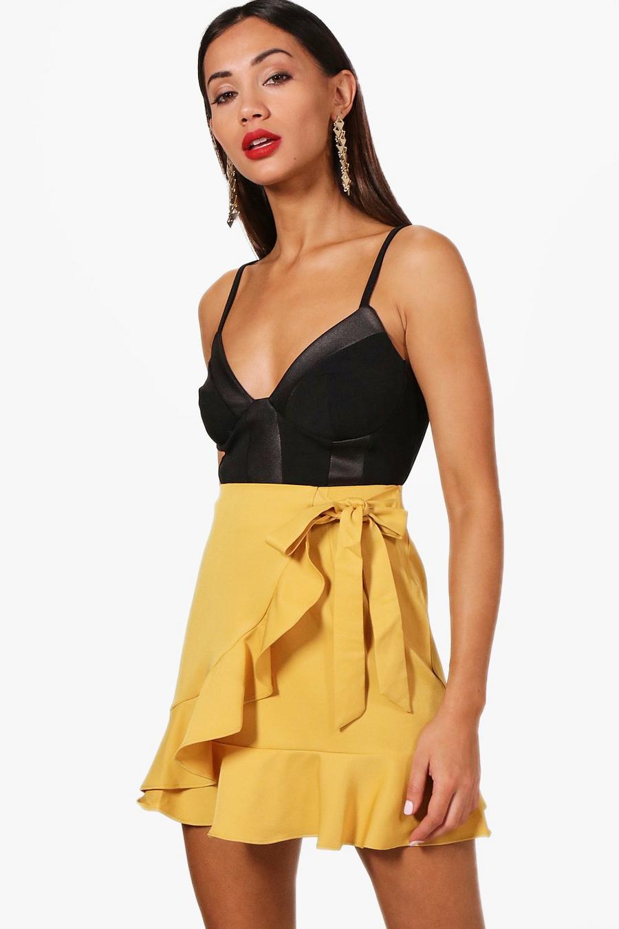 Mustard Petite Ruffle Front Tie Waist Mini Skirt image number 1