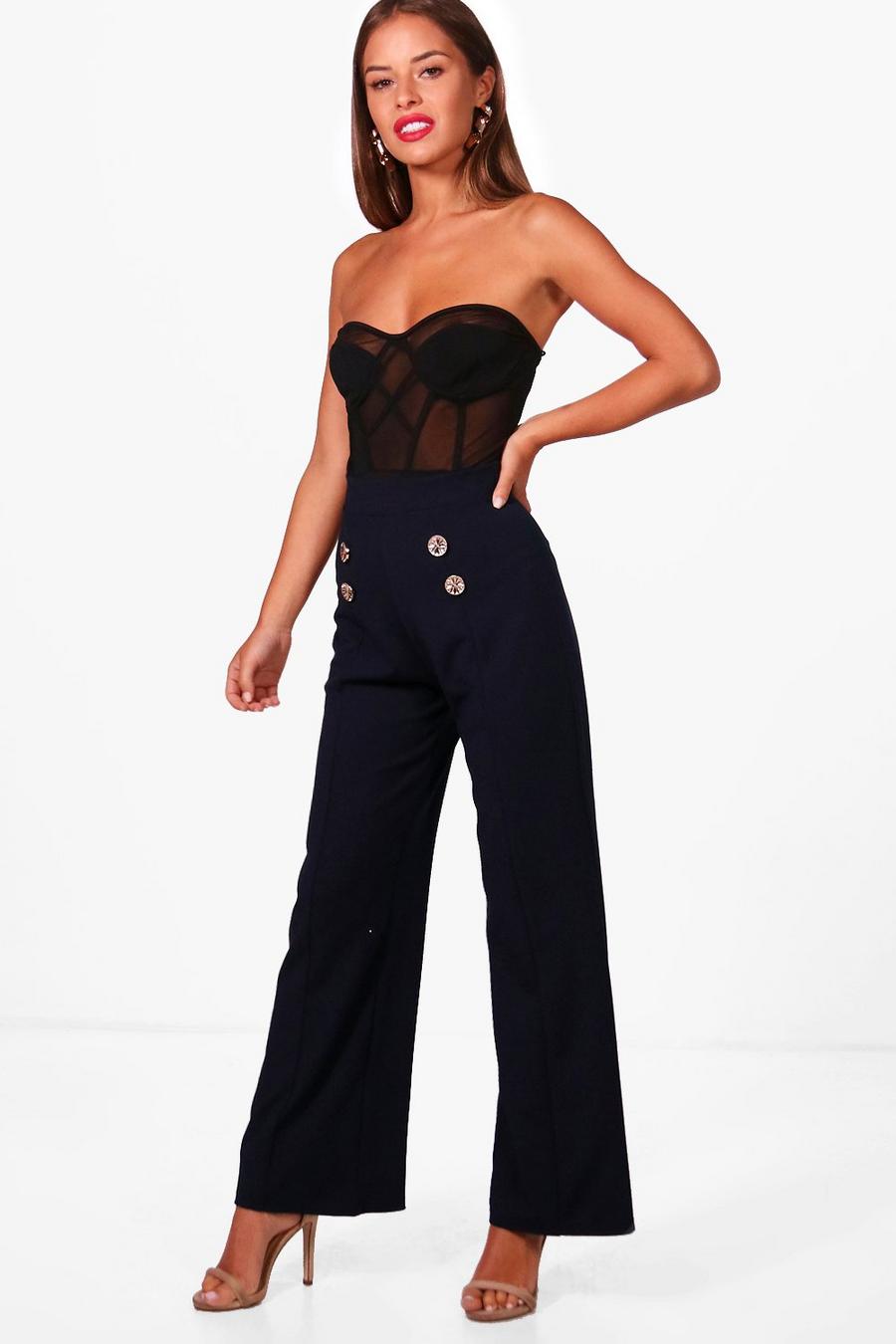 Navy Petite Mandy Button Front Wide Leg Trouser image number 1