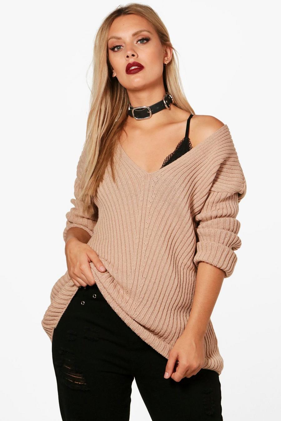 Stone Plus Slouchy V Neck Sweater image number 1