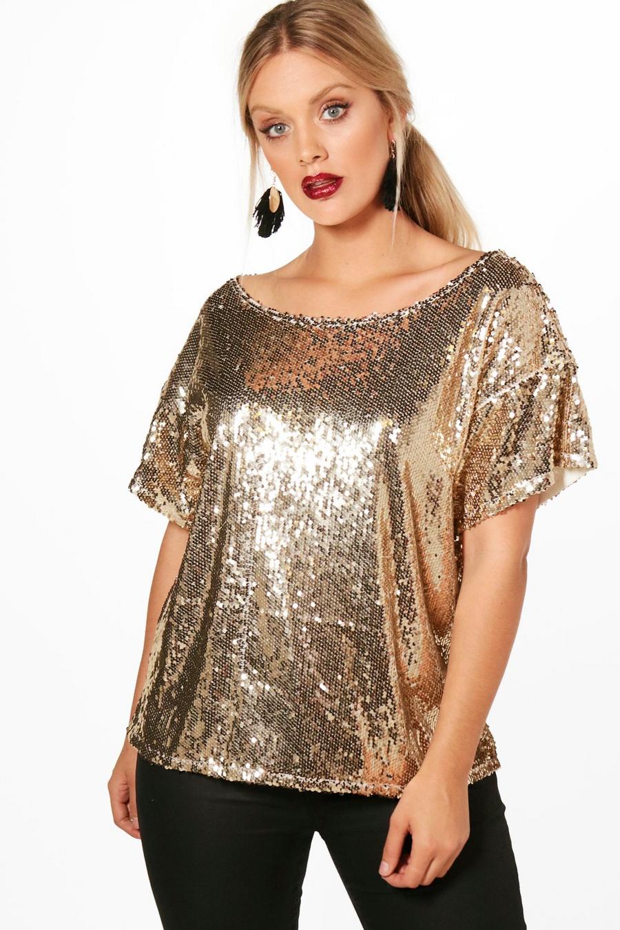 Gold Plus Slash Sequin Neck Oversized Sequin Top image number 1