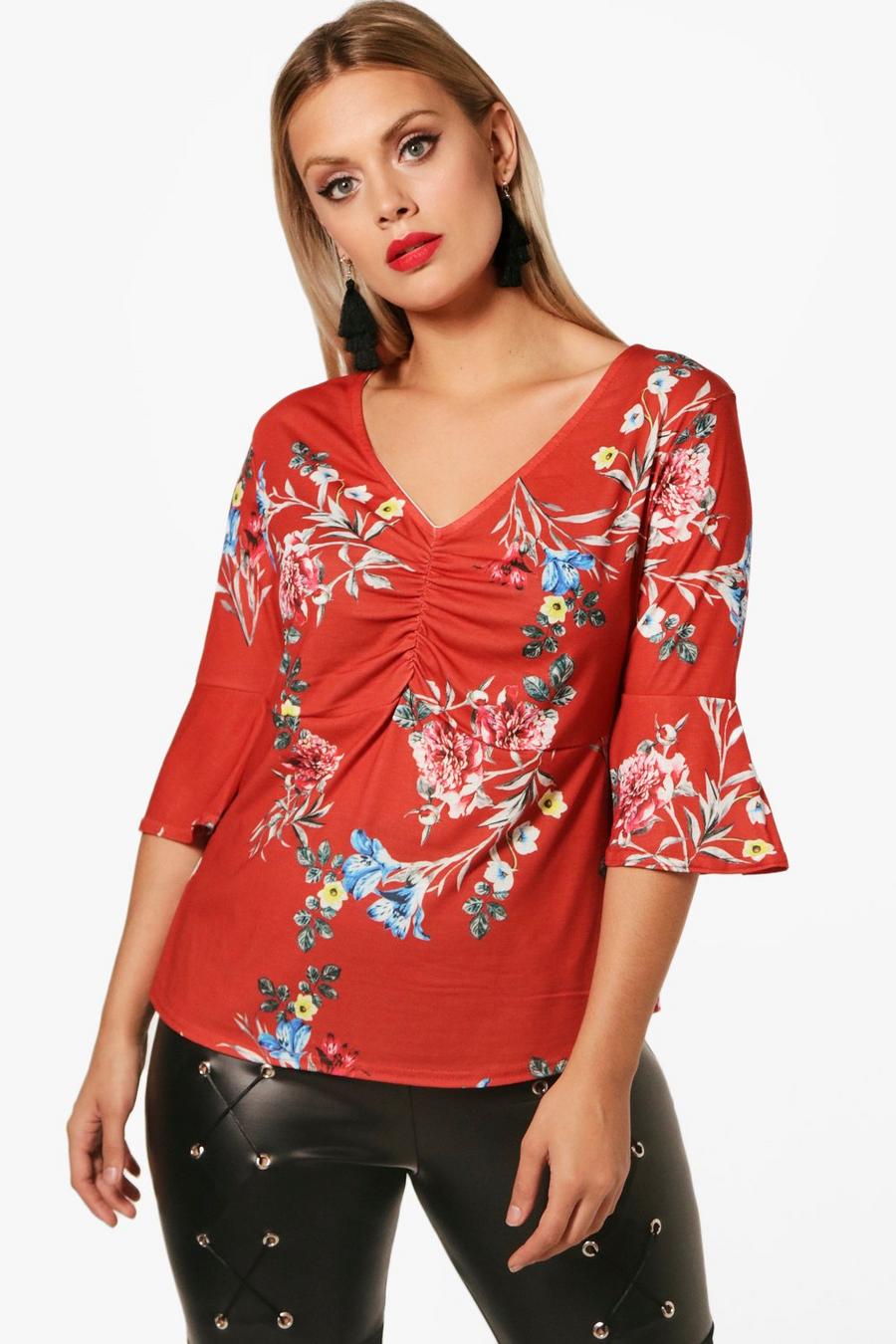 Red Plus Maisy Floral Printed V Neck Top image number 1
