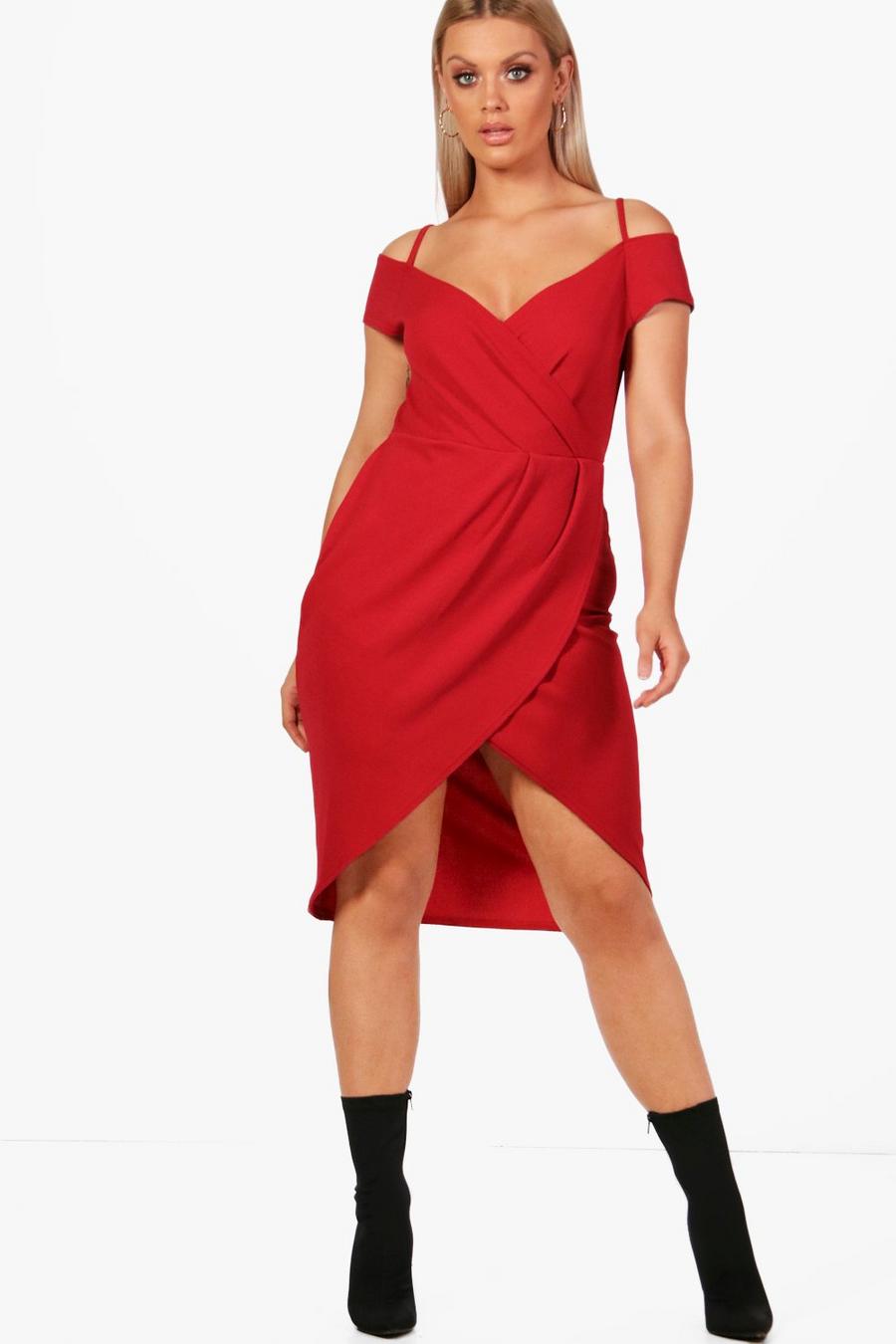 Plus Bodycon-Kleid mit ausgeschnittener Schulter in Wickeldesign, Cranberry image number 1