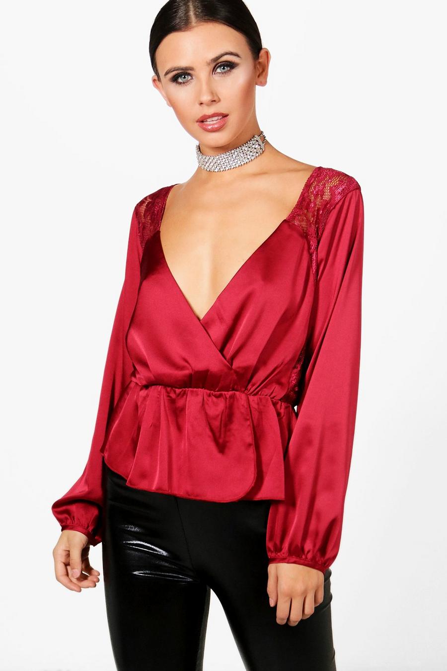 Petite Drape Front Lace Panel Blouse, Red image number 1