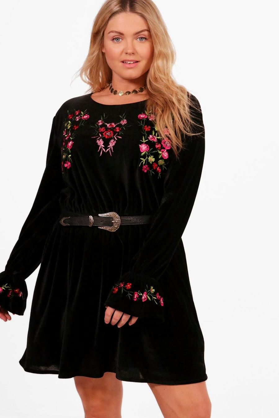 Plus Embroidered Velvet Skater Dress image number 1