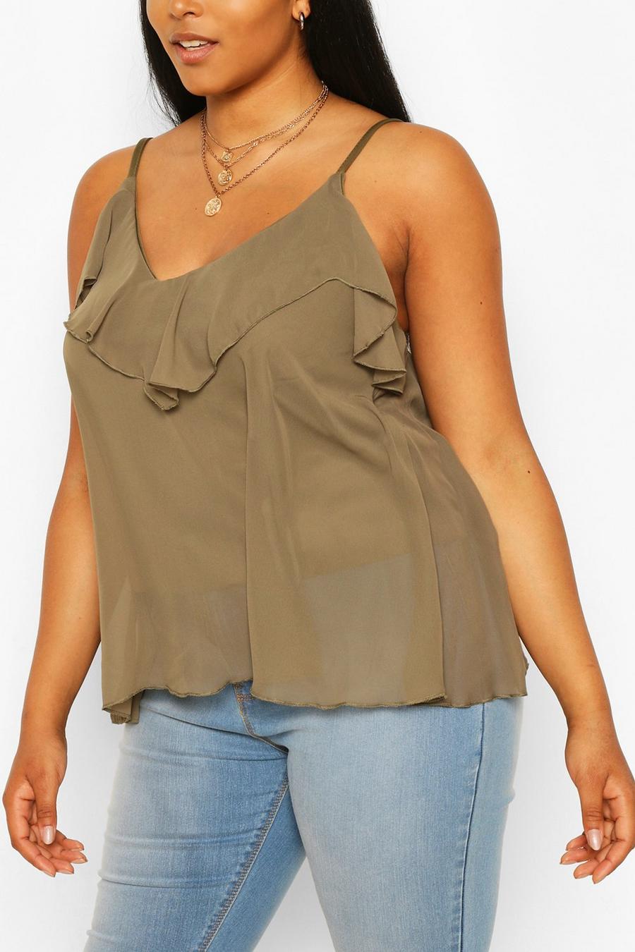 Khaki Plus Ruffle Detail Swing Cami Top