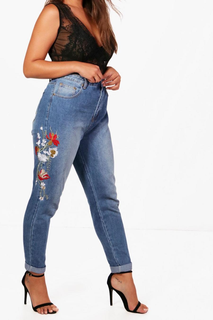 Plus  Floral Embroidered Turn Up Cuff Mom Jeans, Mid blue image number 1