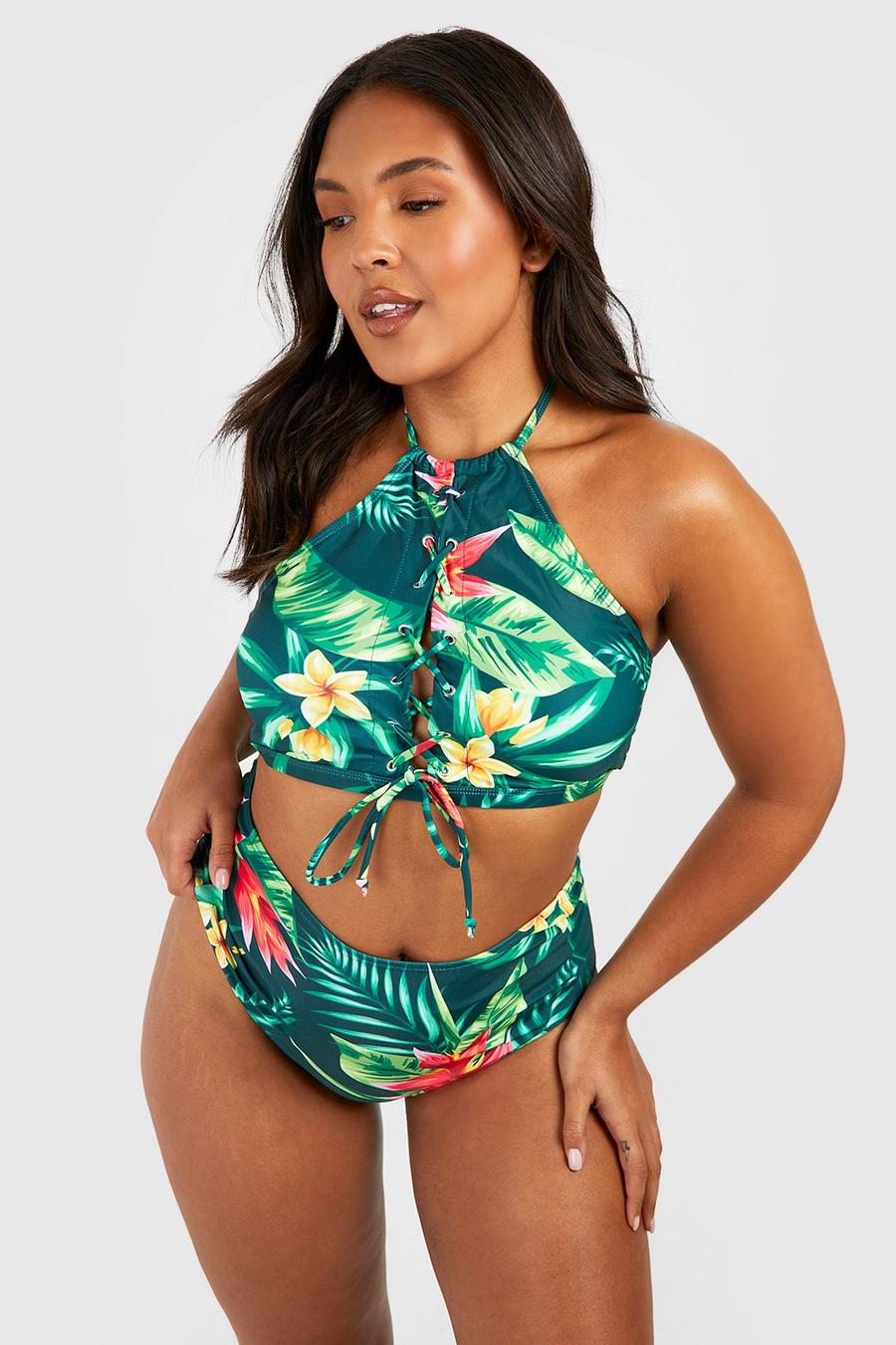 Plus geschnürter Bikini mit hohem Bund und tropischem Print, Mehrfarbig image number 1