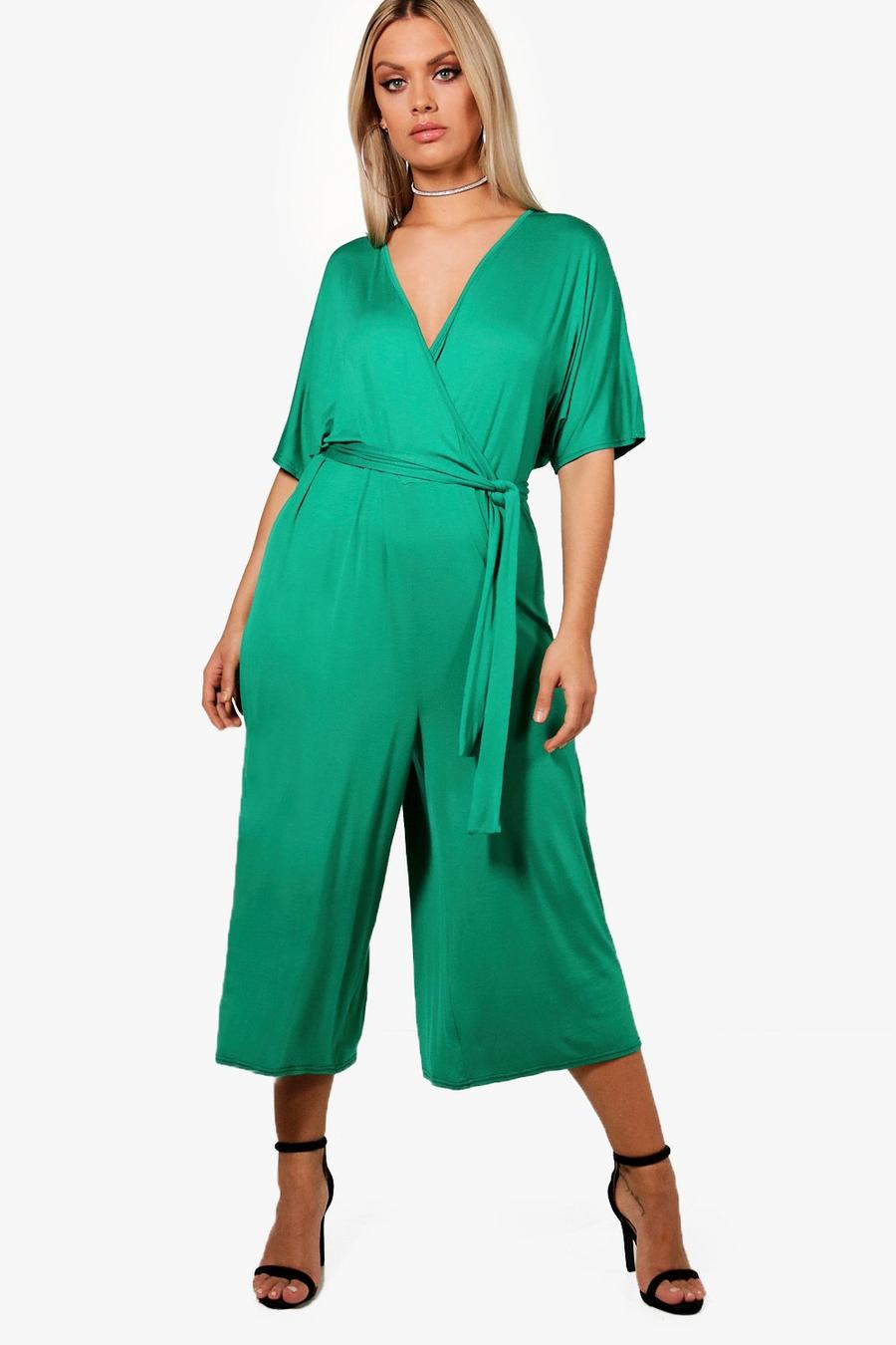 Leaf green Plus Jersey Knit Kimono Sleeve Wrap Jumpsuit image number 1