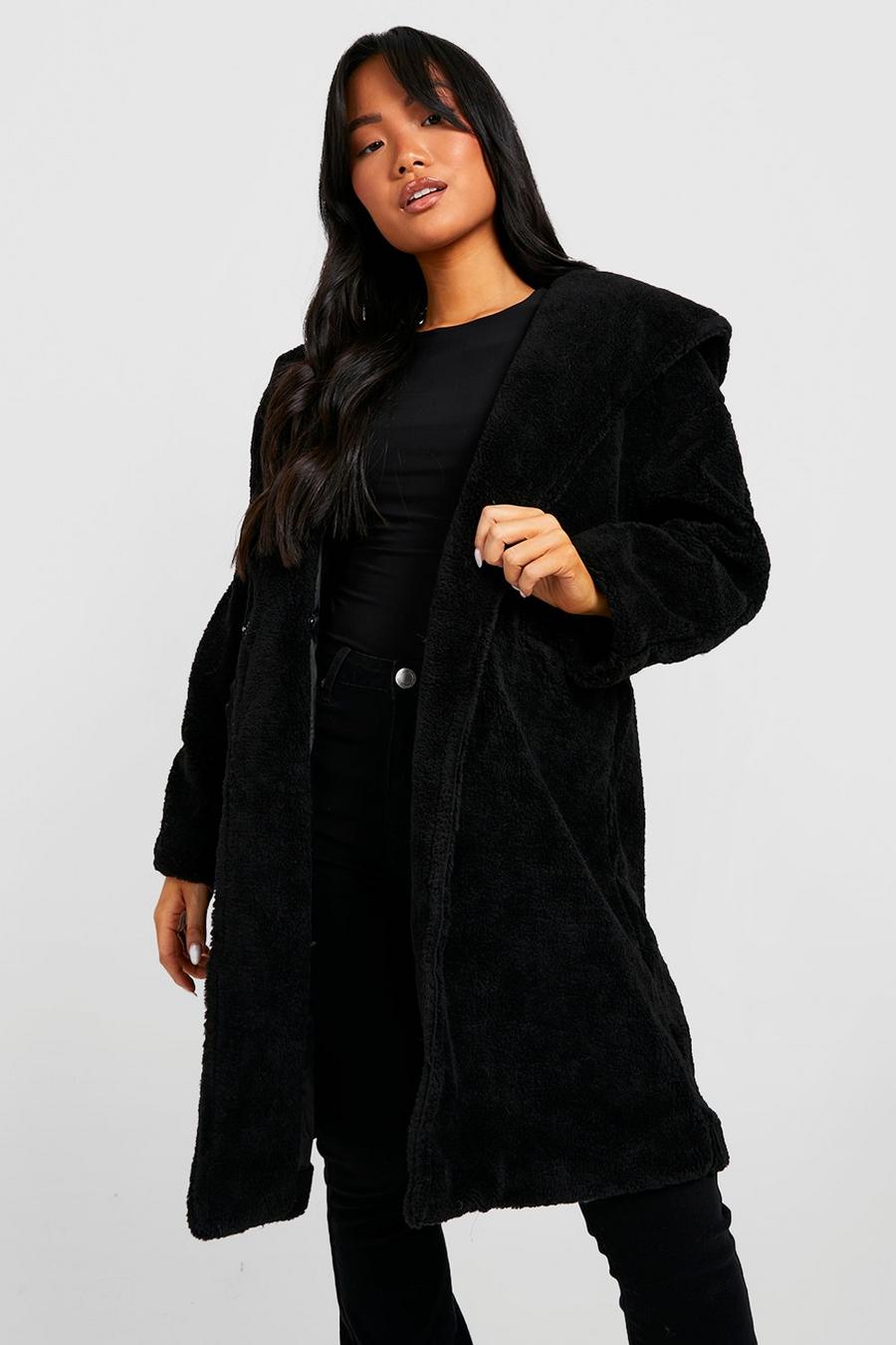 Petite Oversize Teddy-Mantel mit Kapuze, Black