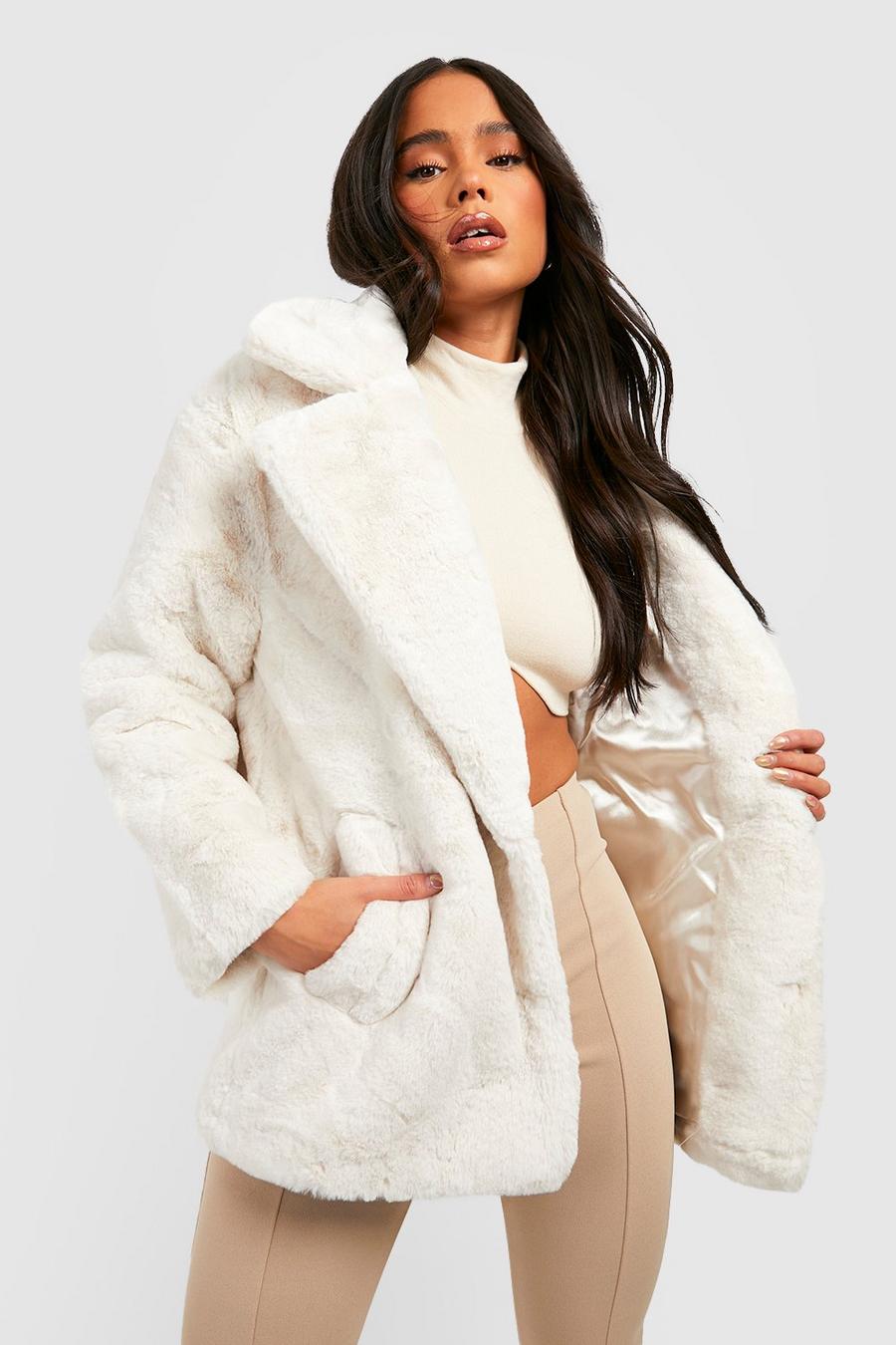 Cream Petite Oversized Collar Luxe Faux Fur Coat