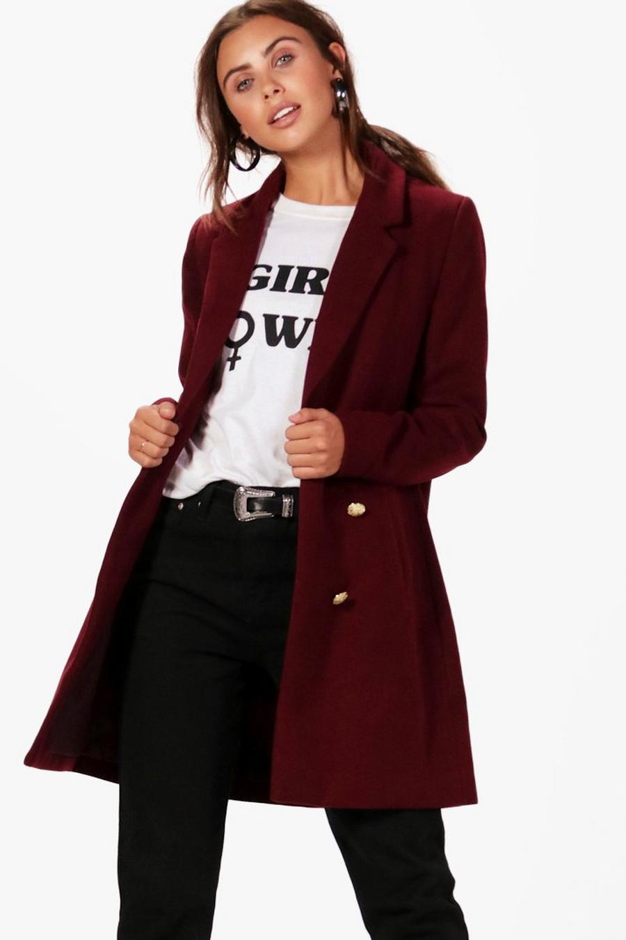 Burgundy Petite Double Breasted Military Duster Coat image number 1