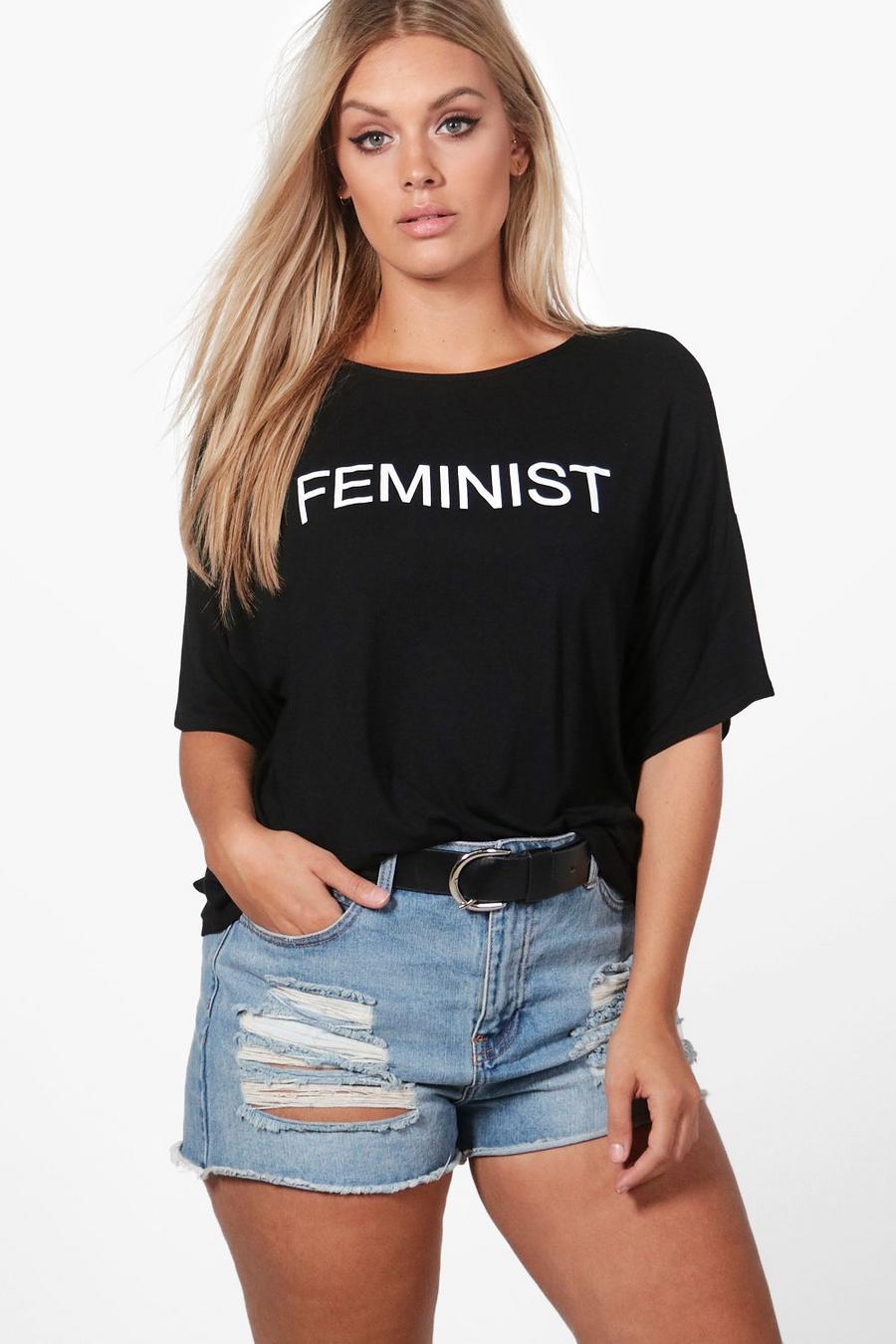Plus Zena T-Shirt mit „Feminist“-Slogan, Schwarz image number 1