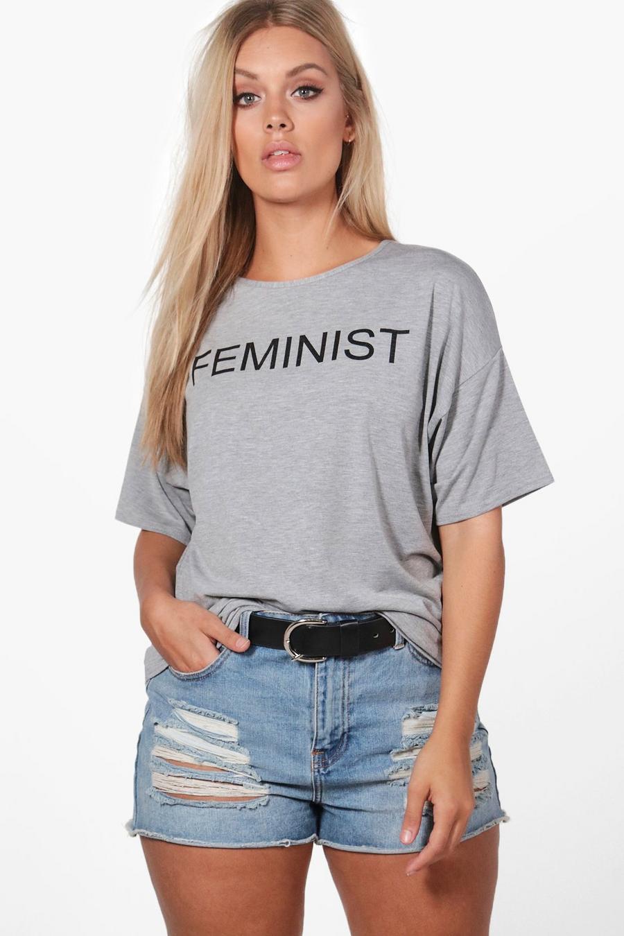 Plus Zena T-Shirt mit „Feminist“-Slogan, Grau meliert image number 1