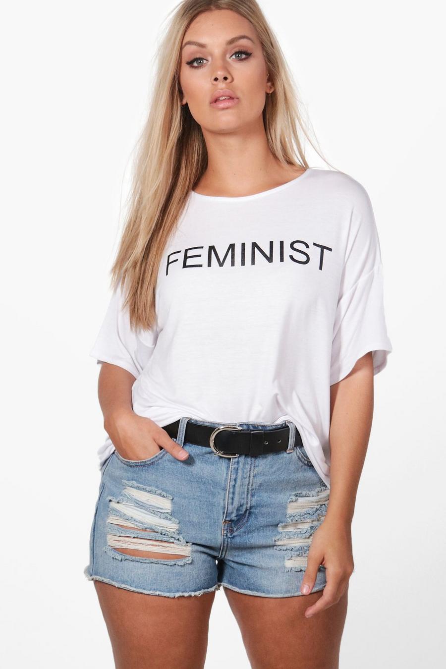 Plus Zena T-Shirt mit „Feminist“-Slogan, Weiß image number 1