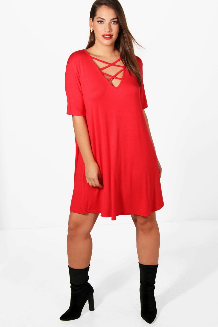 Plus Ausgestelltes Kleid mit überkreuzter Front, Red image number 1