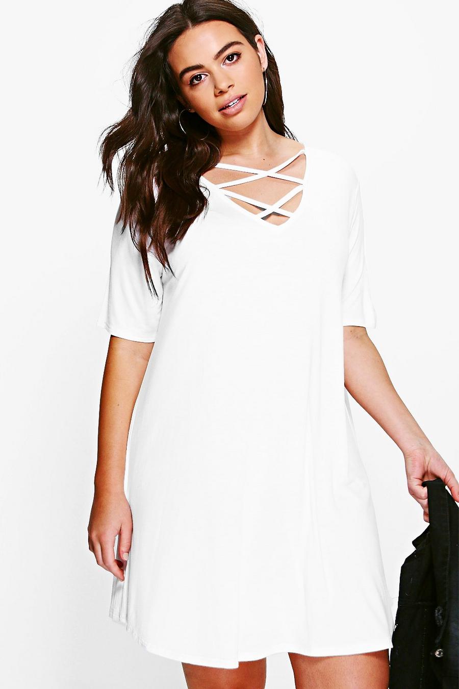 Plus Ausgestelltes Kleid mit überkreuzter Front, White image number 1