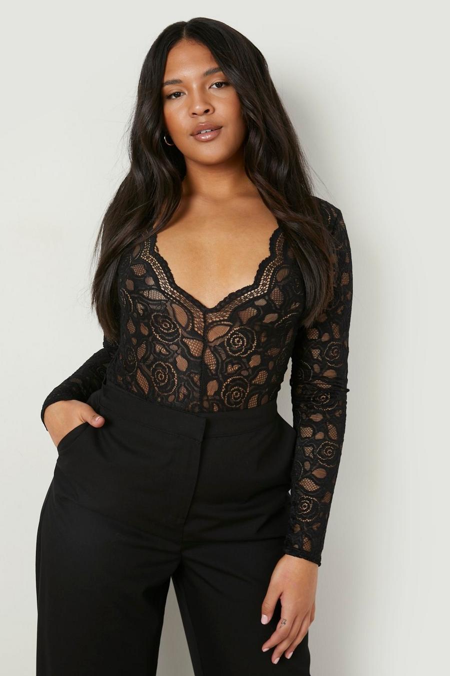 Black Plus Plunge V Neck Lace Bodysuit image number 1