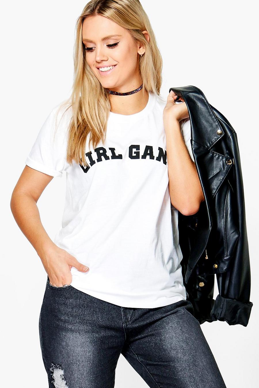 Plus Robyn T-Shirt mit „Girl-Gang“-Slogan, Elfenbein image number 1
