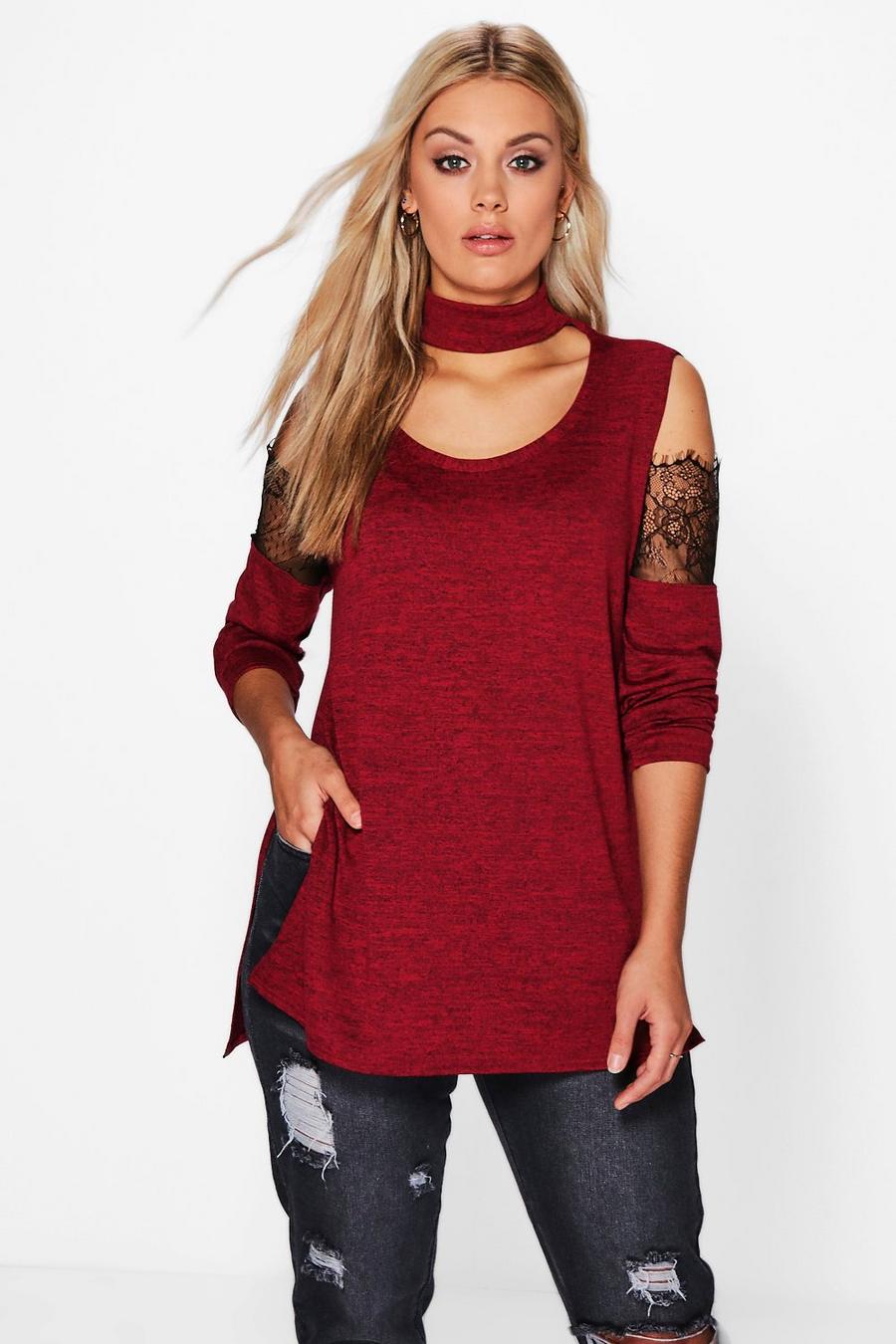 Wine Plus Lace Open Shoulder Sweater image number 1