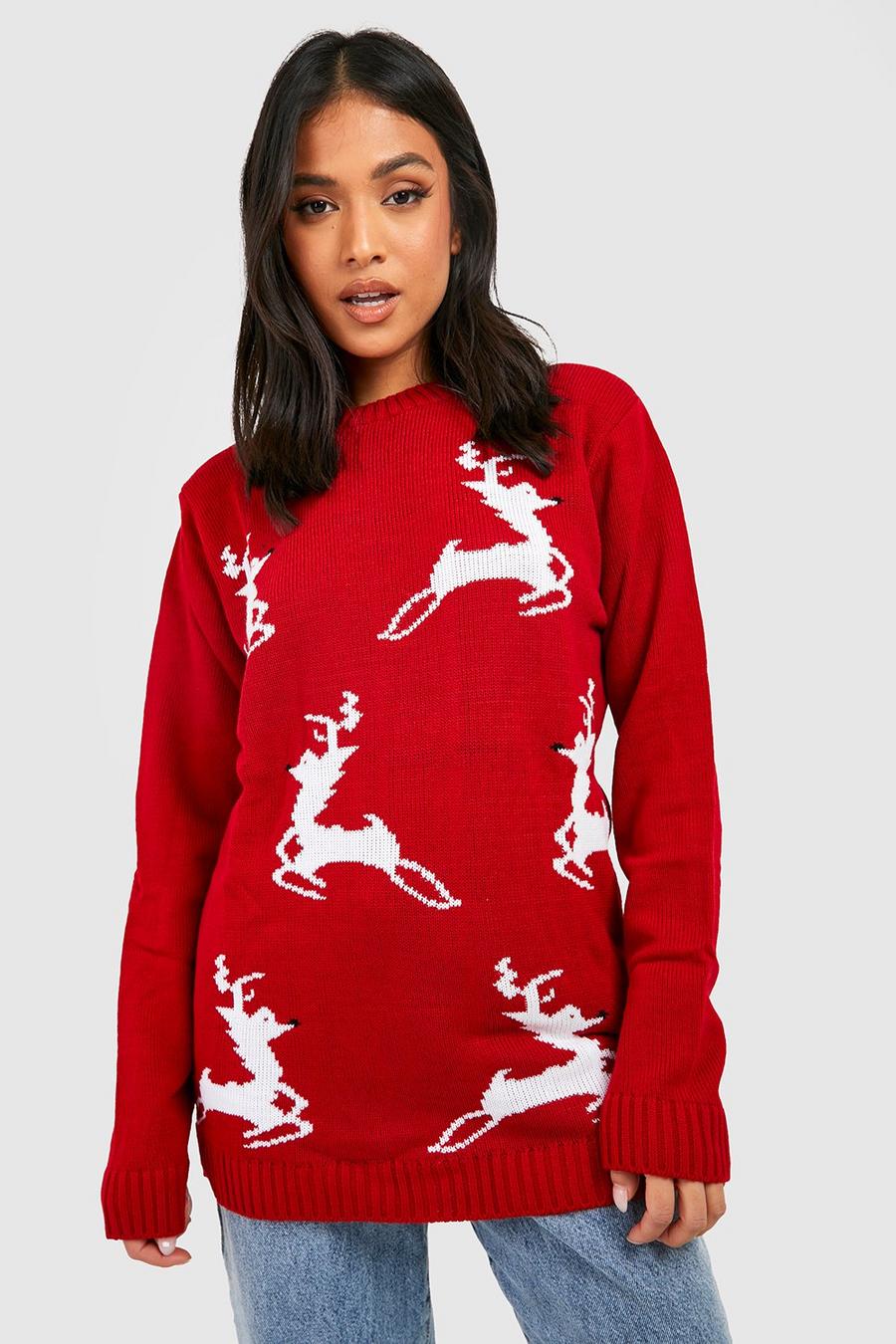 Petite - Pull de Noël à motif rennes avec pompons, Rouge image number 1