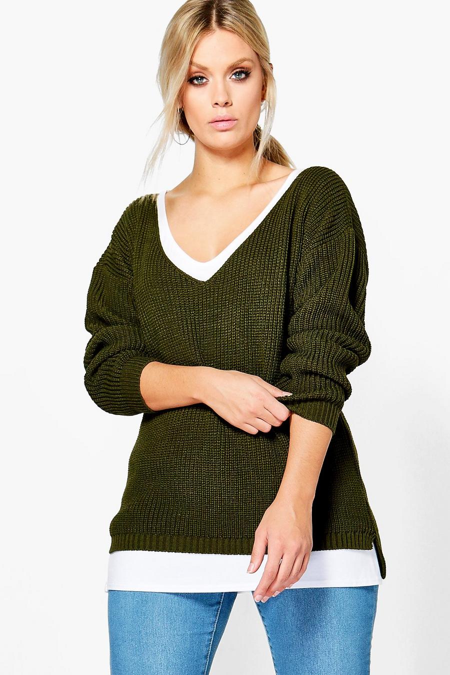Khaki Plus Oversized V Neck Sweater image number 1