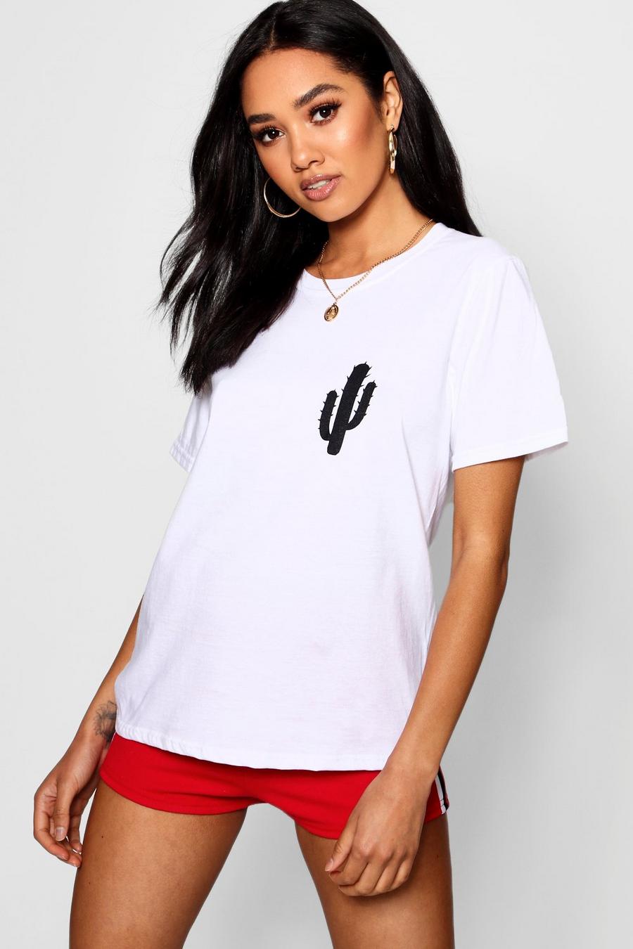 White Petite Cactus Placement Print T-Shirt image number 1