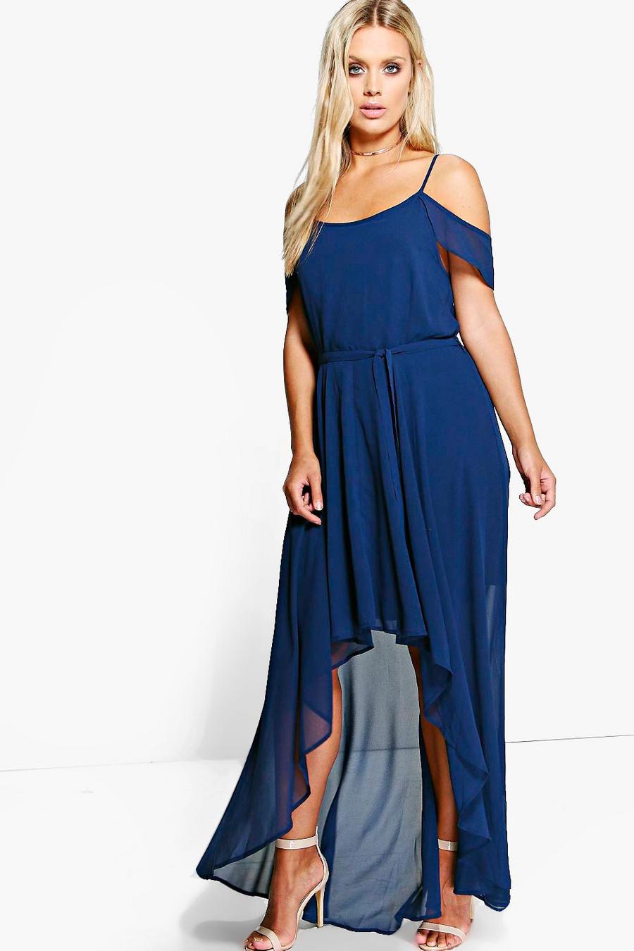 Plus schulterfreies Chiffon-Kleid mit Rüschen, Marineblau image number 1
