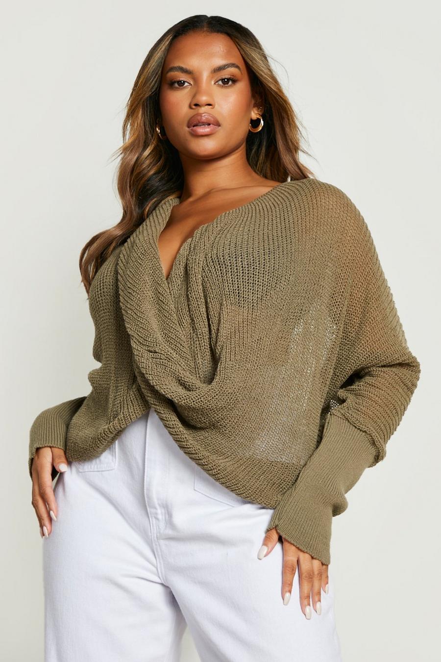 Khaki Plus Wrap Front Knitted Jumper image number 1