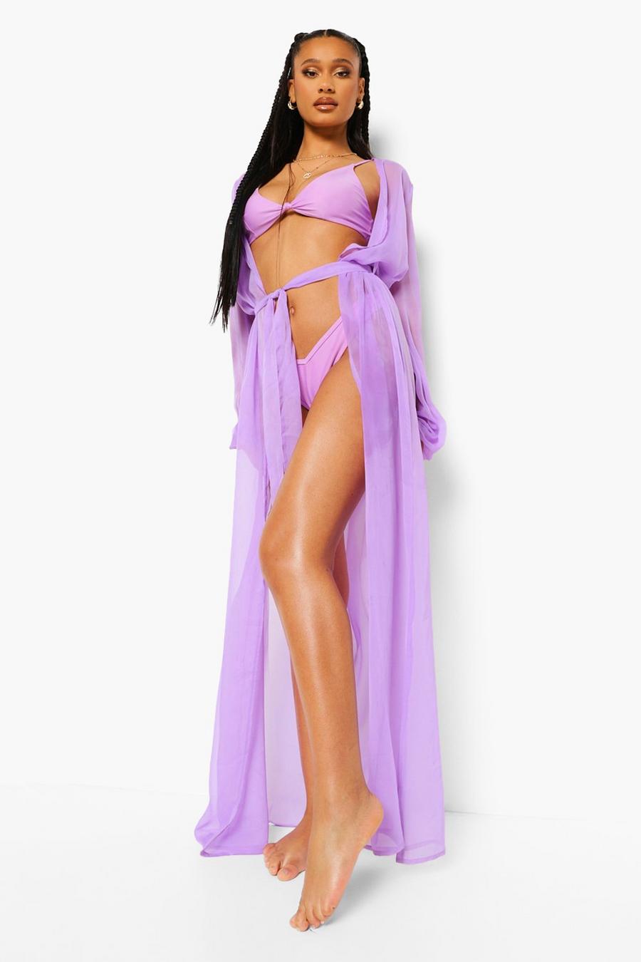 Kimono maxi para la playa de chifón - colección Básicos, Bright lilac