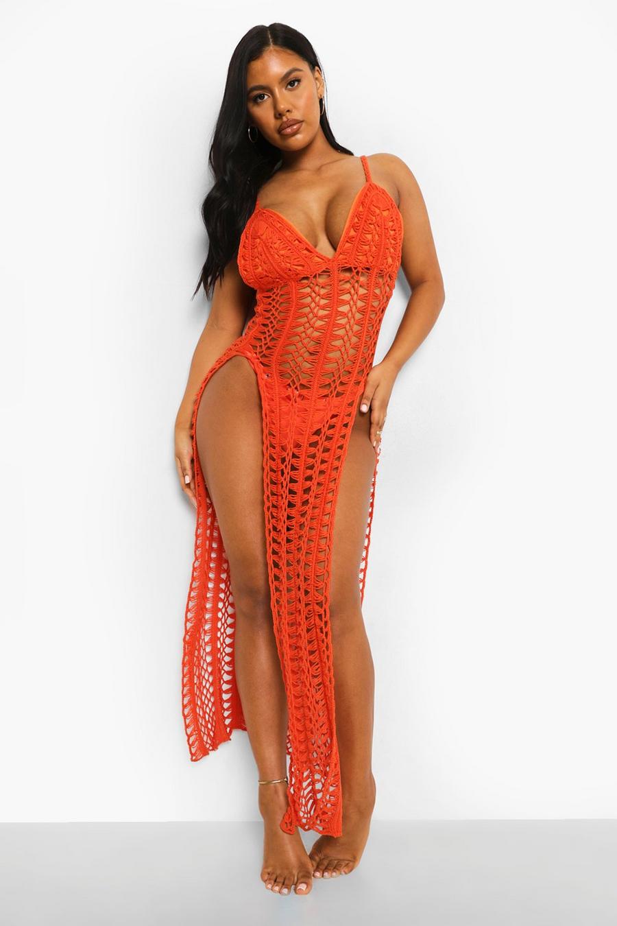 Vestido maxi de playa con abertura en la pierna de croché, Naranja