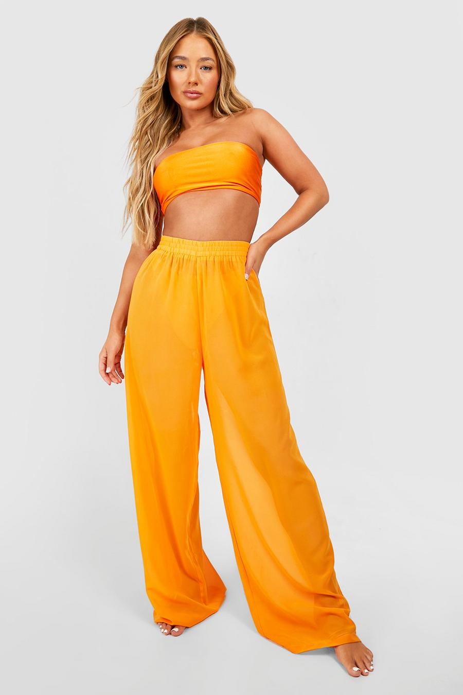 Neon-orange Chiffon Wide Leg Beach Trousers image number 1