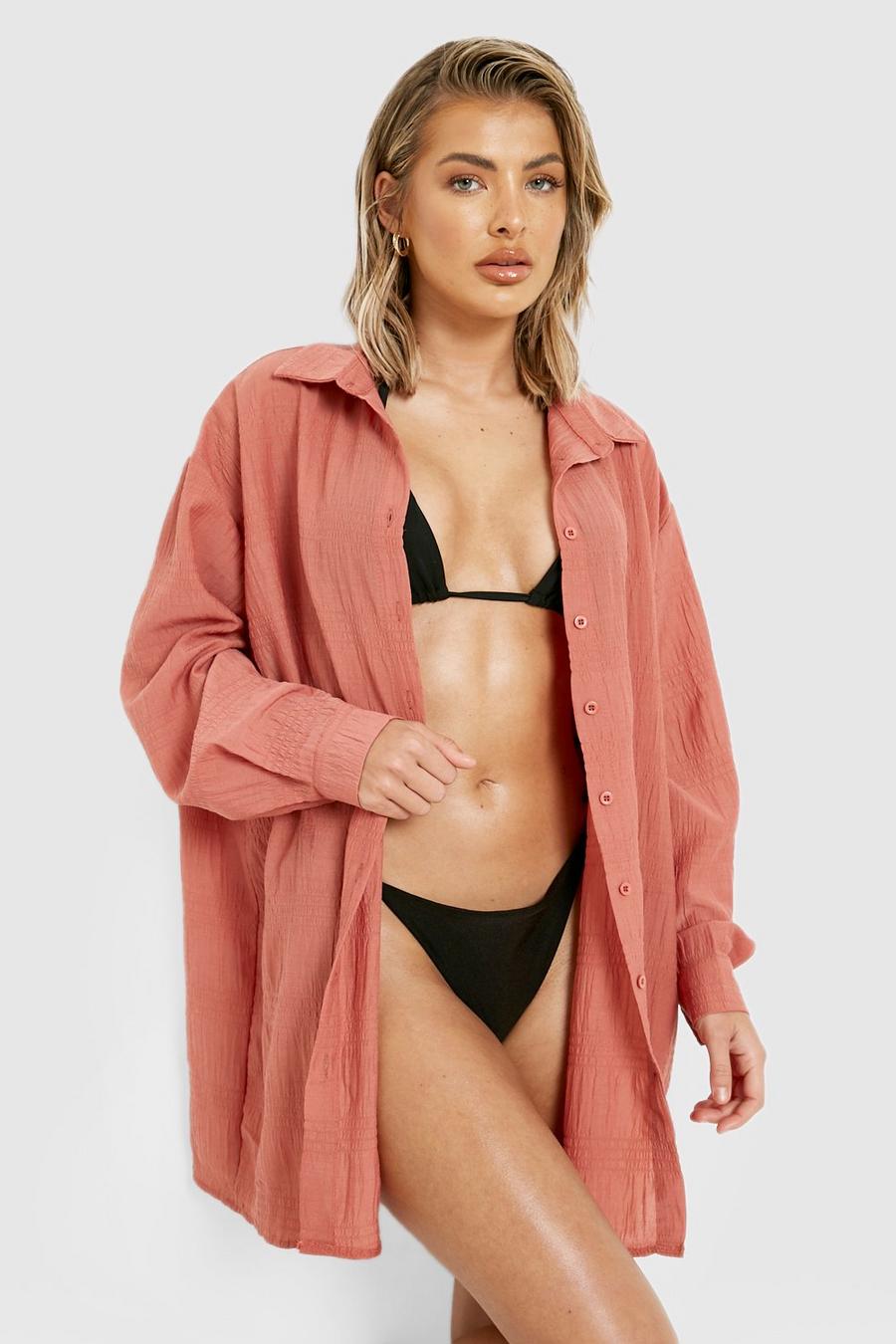 Mocha Shirred Crinkle Oversized Beach Shirt