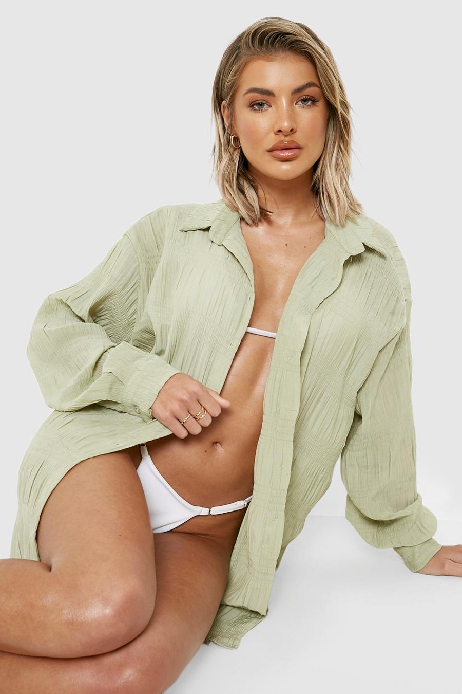 Sage Shirred Crinkle Oversized Beach Shirt