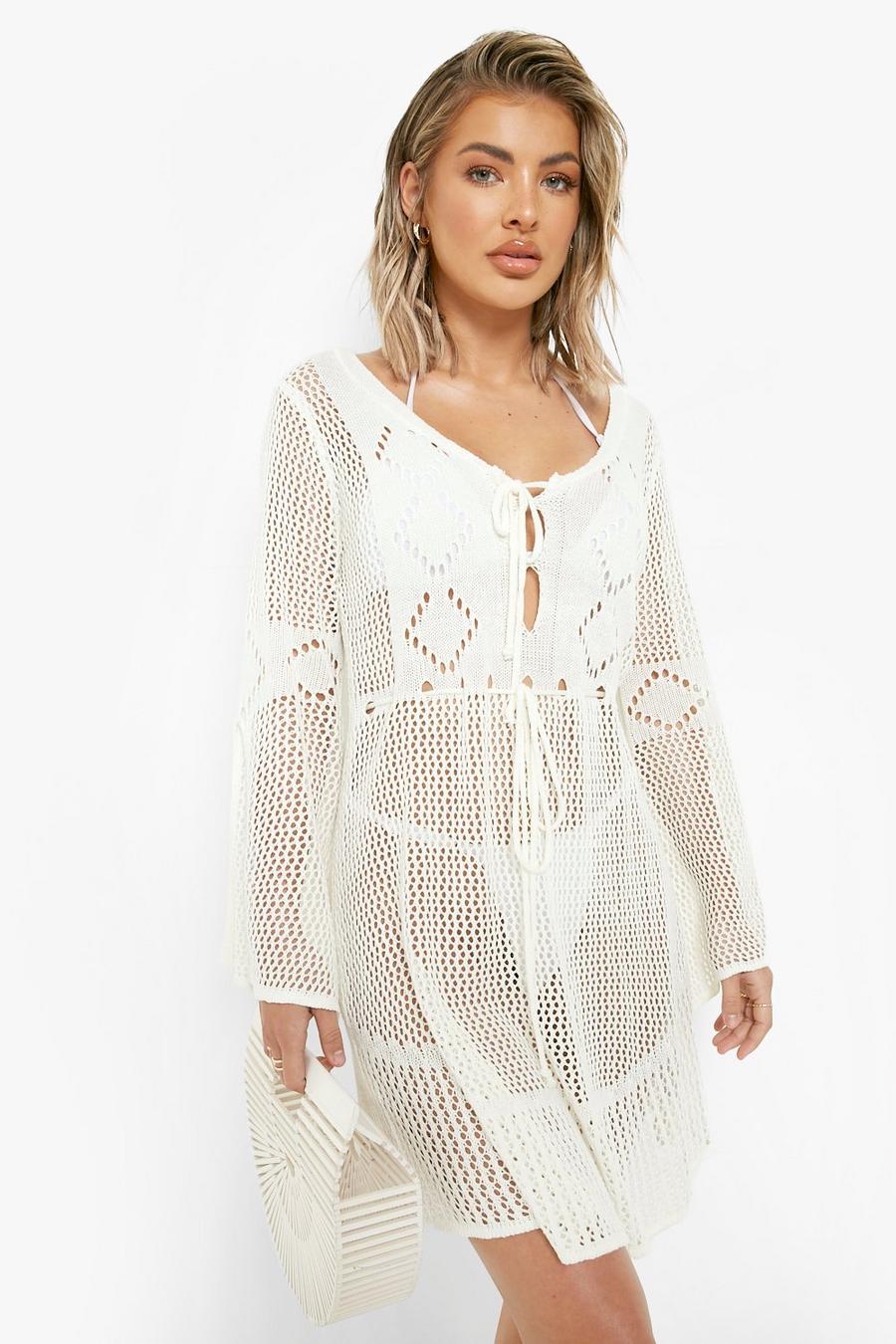 Vestido mini para la playa de croché con abertura, Off white