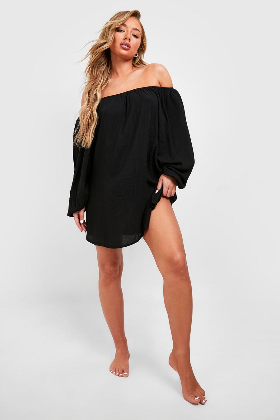 Black Cheesecloth Bardot Beach Mini Dress