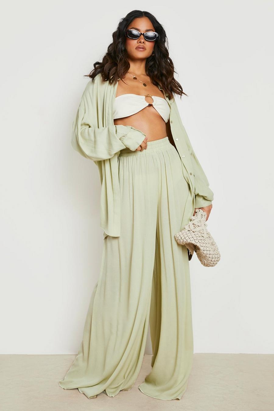 Sage Crinkle Wide Leg Beach Trouser