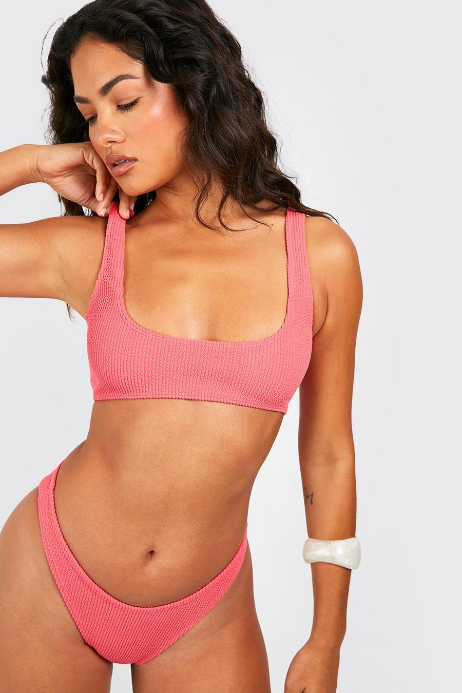 Pink Crinkle Scooped Bikini Crop Top